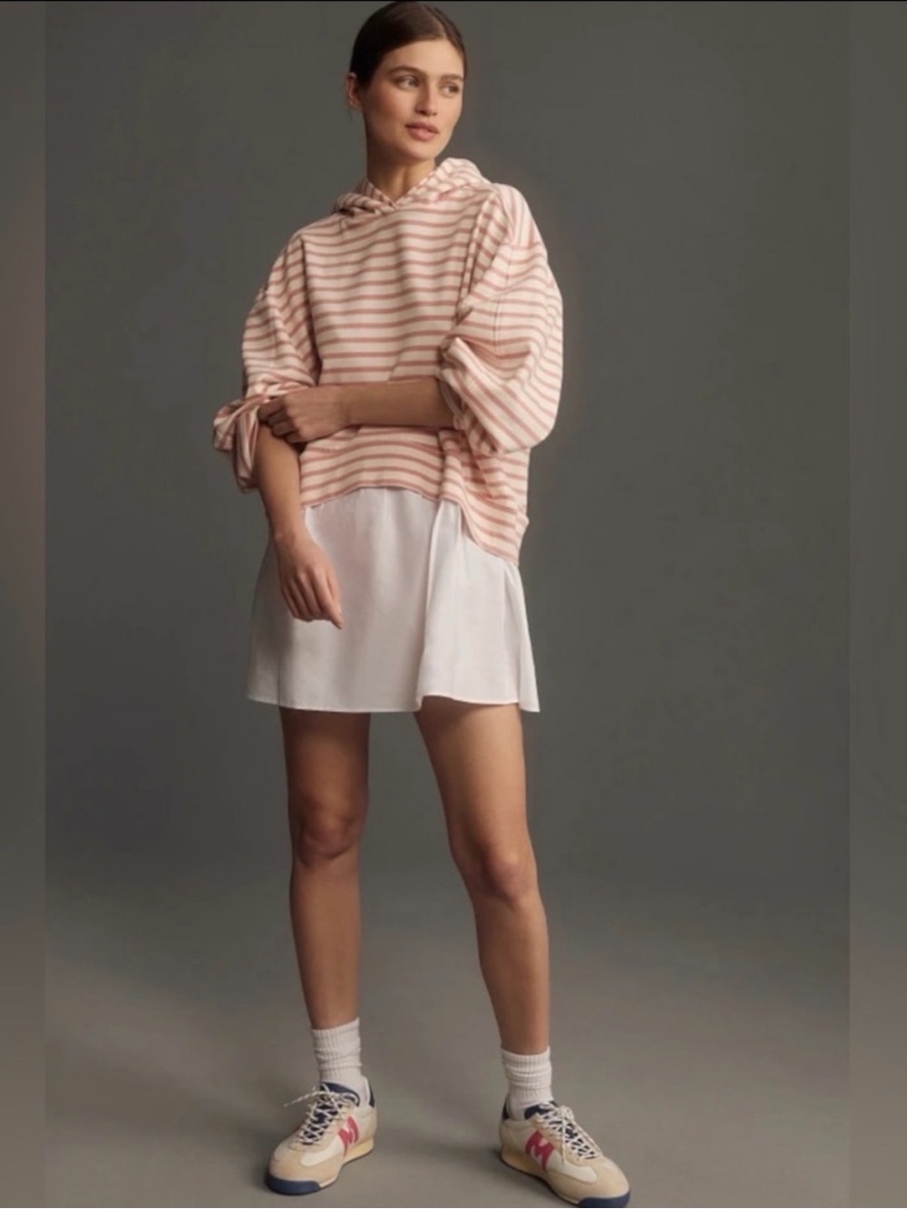 Pilcro X Anthropologie Hooded Sweatshirt Twofer Mini Dress Pink Striped Combo L